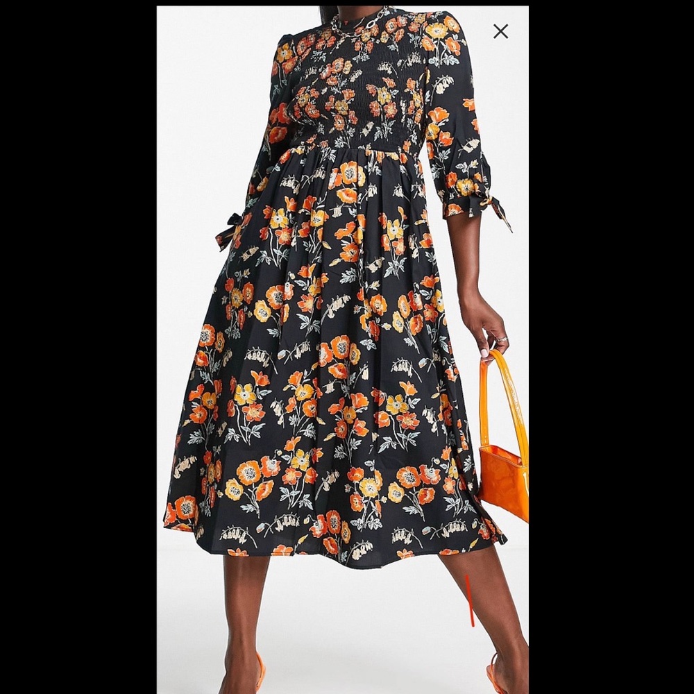 ASOS whistles midi dress with smocking and tie sleeve in black and orange floral